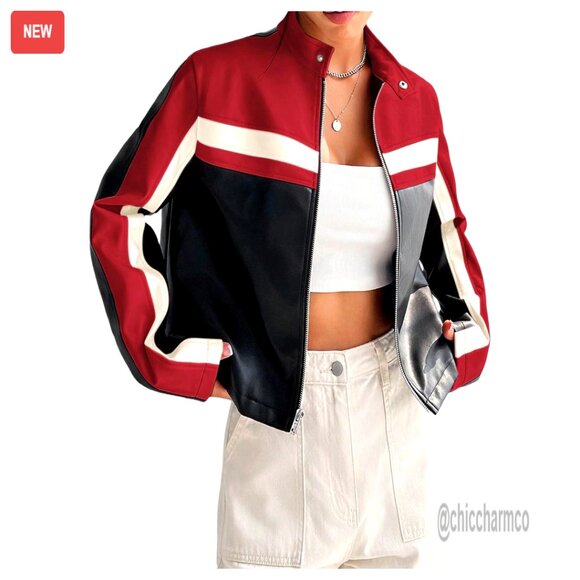 Leather Cropped Bomber Jacket Zip Up Long Sleeve Motorcycle Style Streetwear